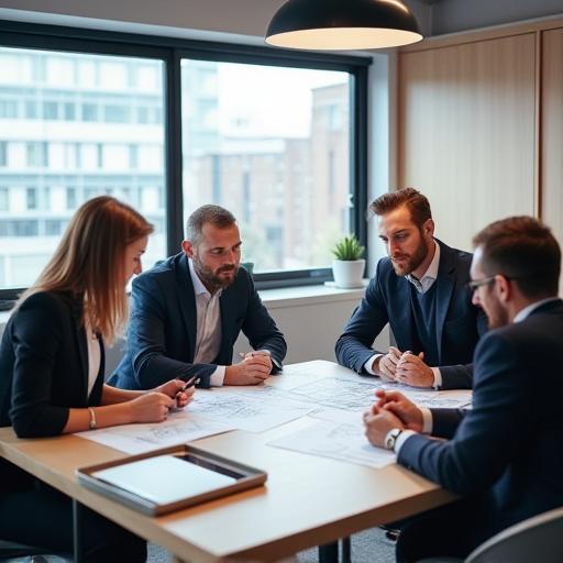 Team of Albion Construction Ltd discussing blueprints in Manchester office