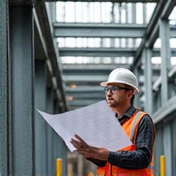 Structural engineer reviewing building framework on site